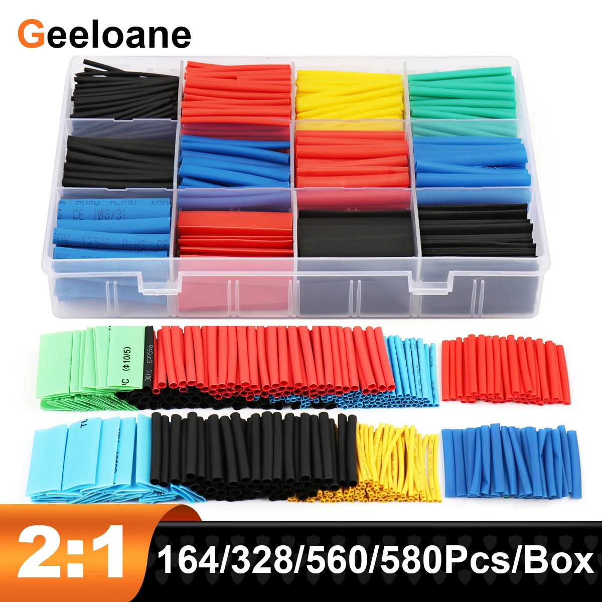 

164/328/560/580Pcs 2:1 Heat Shrink Tube Assorted Kit Shrinking Tubing Polyolefin Insulation Steel Wrap Wire DIY Insulated Cable