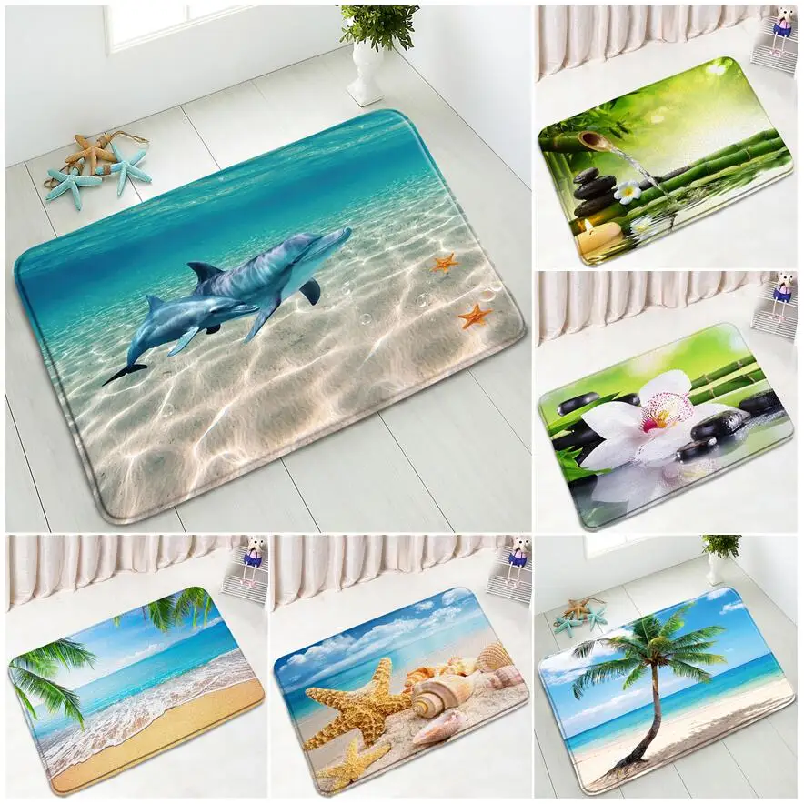 

Ocean Landscape Bath Mats Dolphin Coconut Trees Beach Starfish Zen Green Bamboo Scenery Home Decor Bathroom Non-Slip Rug Doormat