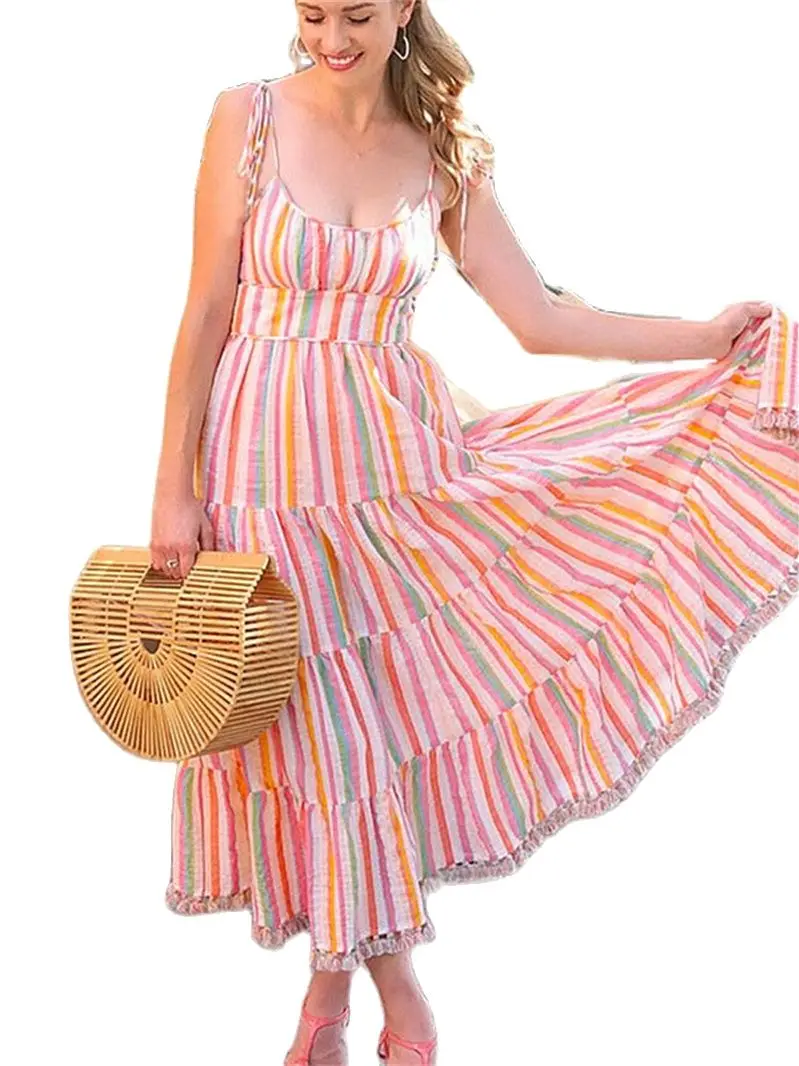 

Женское летнее платье в полоску, без рукавов, на бретелях, до середины икры, SS3935