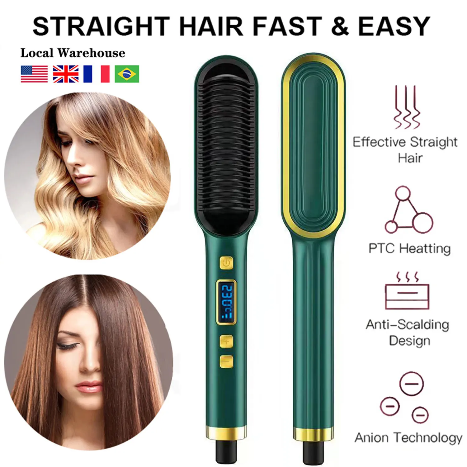 Lcd Display Negative Ion Hair Straightening Brush Curling Co