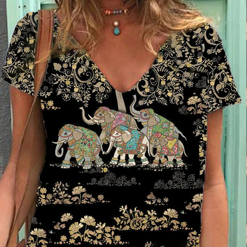

Exclusive design animal elephant bird cat V-neck plus size 6XL short-sleeved T-shirt soft ladies summer 2021 ladies T-shirt new