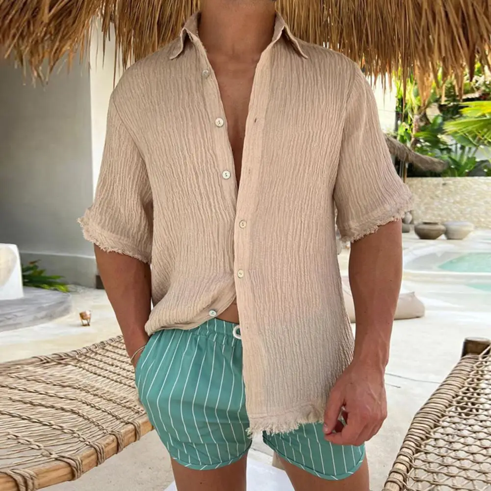 

Рубашка мужская свободного покроя, однобортная повседневная одежда с мятой поверхностью, Мягкий Топ с лацканами средней длины, лето