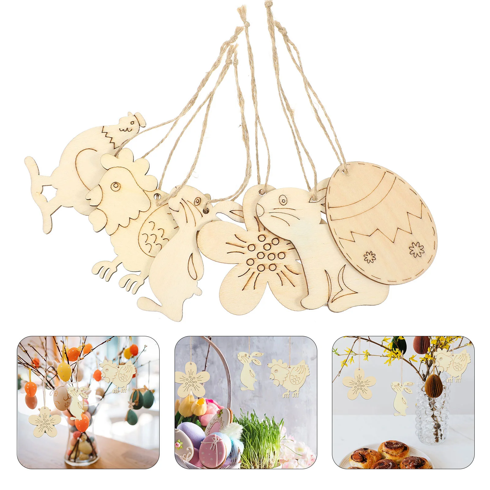 

60 Pcs Wood Slices Easter Ornaments Bunny Decor Craft Pendant Decorative Discs Wooden Egg Cutouts