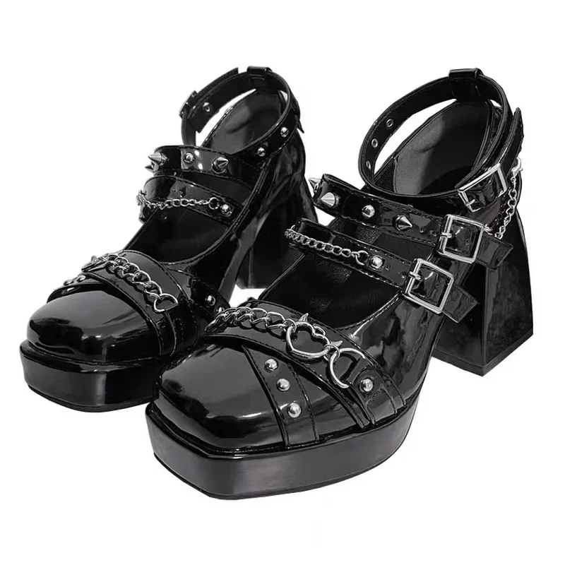 

2024 New Thick Sole Mary Jane High Heels Ladies Metal Chain Buckle Gothic Black Punk Cosplay Fashion Casual Street High Heels