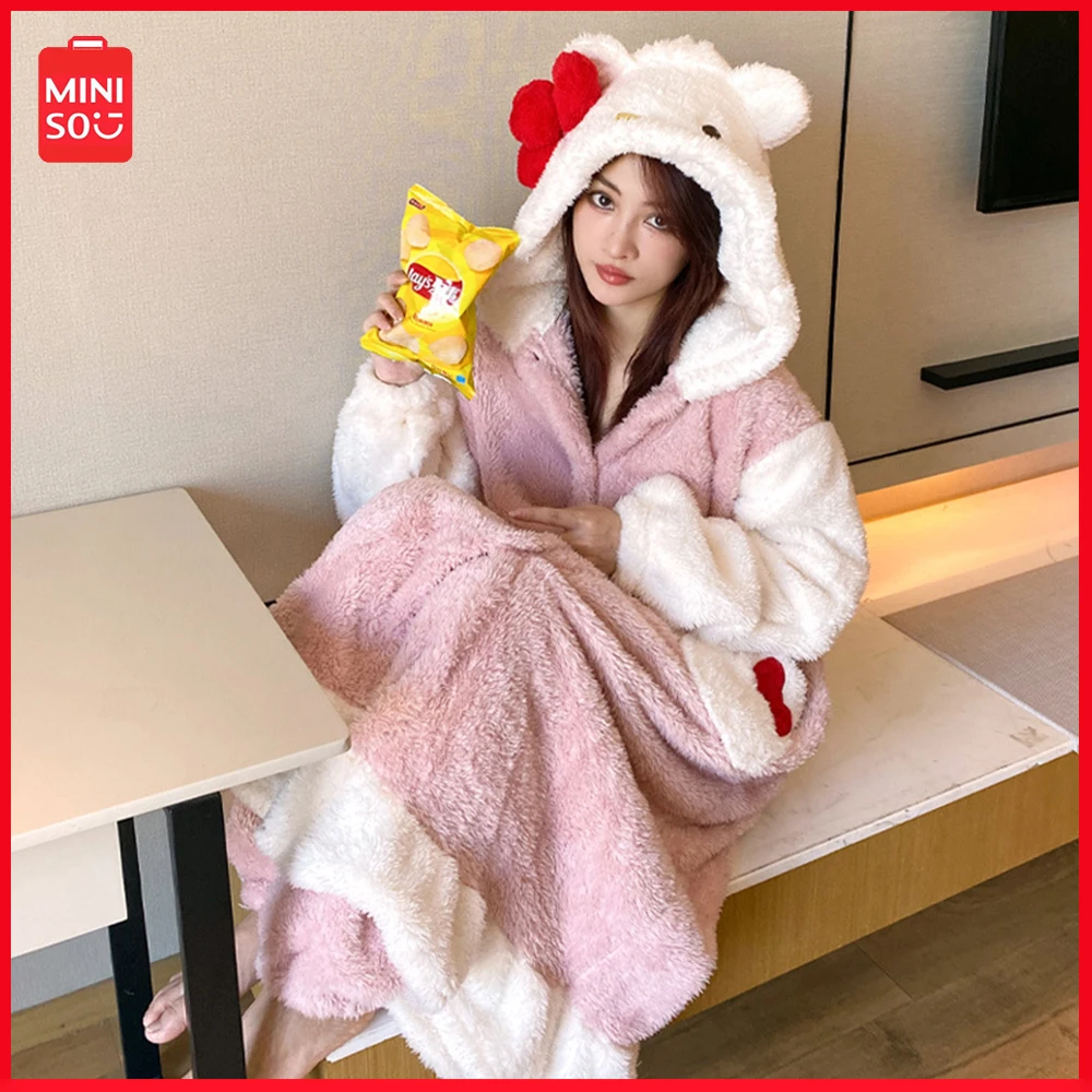 

Miniso Sanrio Kawaii Hellokitty женская пижама осень зима коралловый бархат мягкий утолщенный носить уличный Халат длинный костюм домашняя одежда