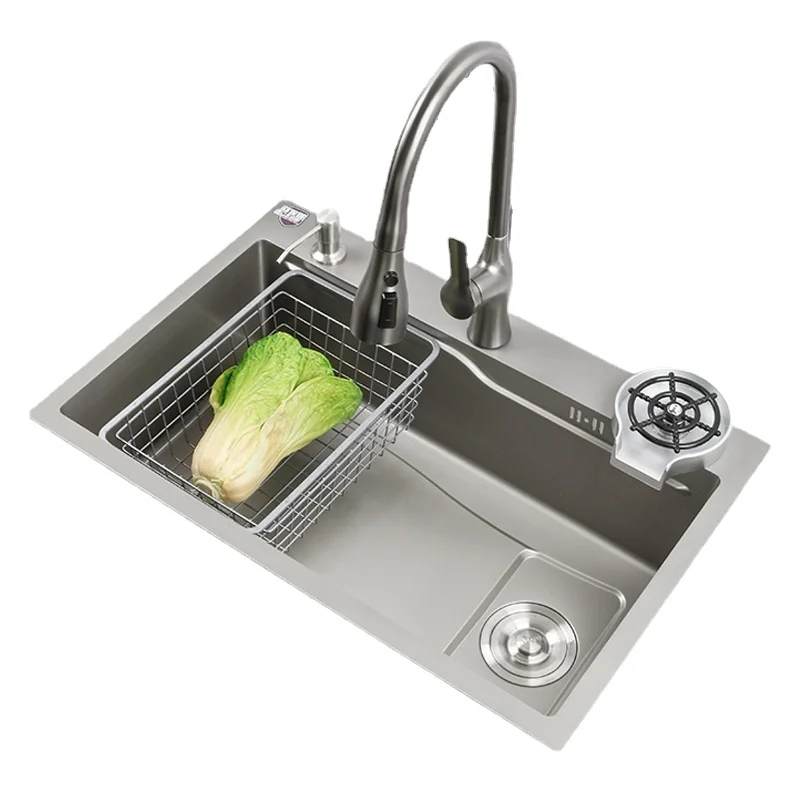 

Japanese Style Gun Gray 304 Stainless Steel Sink Large Single Slot Kitchen Sink Homewith Cup Washer Wash Basin