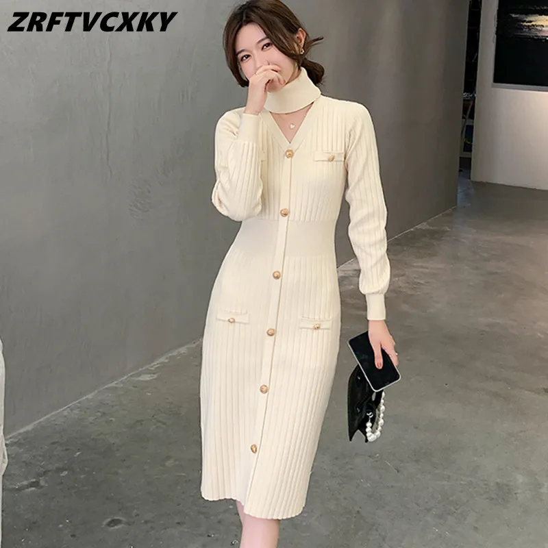 

Elegant Ladies Red/Black Knitted Pullover Dresse Vestidos Women's Casual Wild Single-Breasted Mid-Length Sweater Dress Autumn