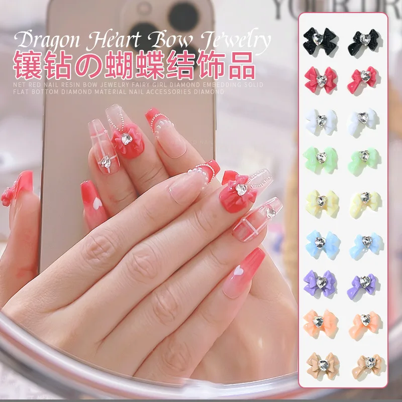 

20pcs Resin Bow Nails Art Charms 3D Colorful Ribbon Bowknot Nail Decorations DIY Kawaii Jewelry Nail Accessories Inlaid Diamond