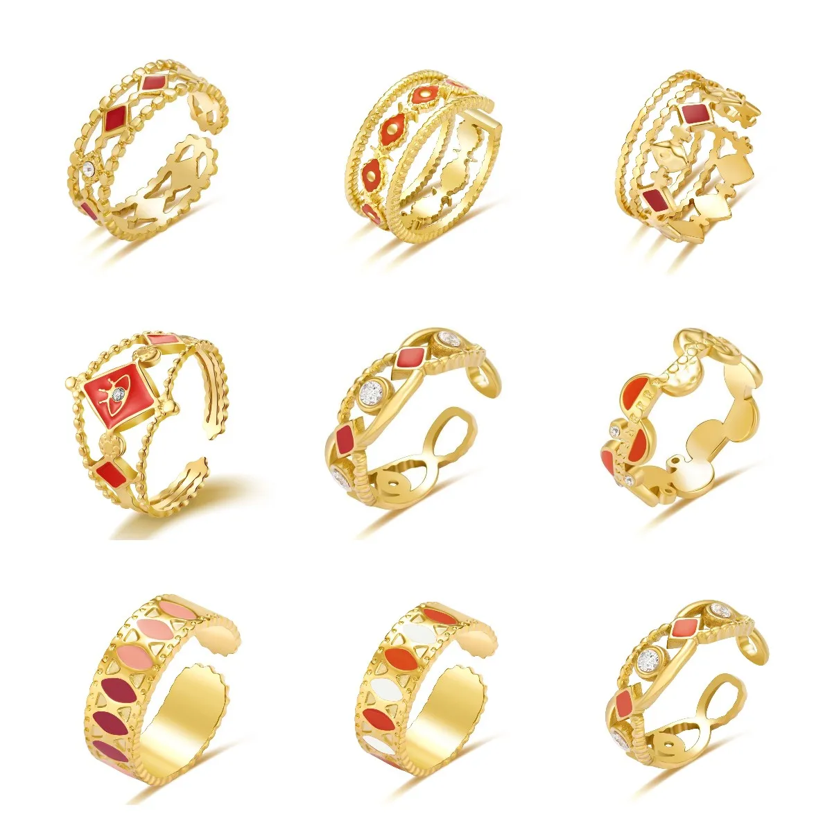 

French Red Enamel Vintage Crystal Stainless Steel Adjustable Rings for Women Gold Color Geometric Hollow Statement Jewelry