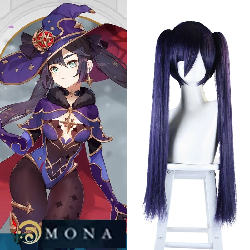 

Genshin Impact Cosplay Mona Wig Dark Purple Ponytails Bangs Hair Women Halloween Masquerade Party Role Play Game Anime Carnival