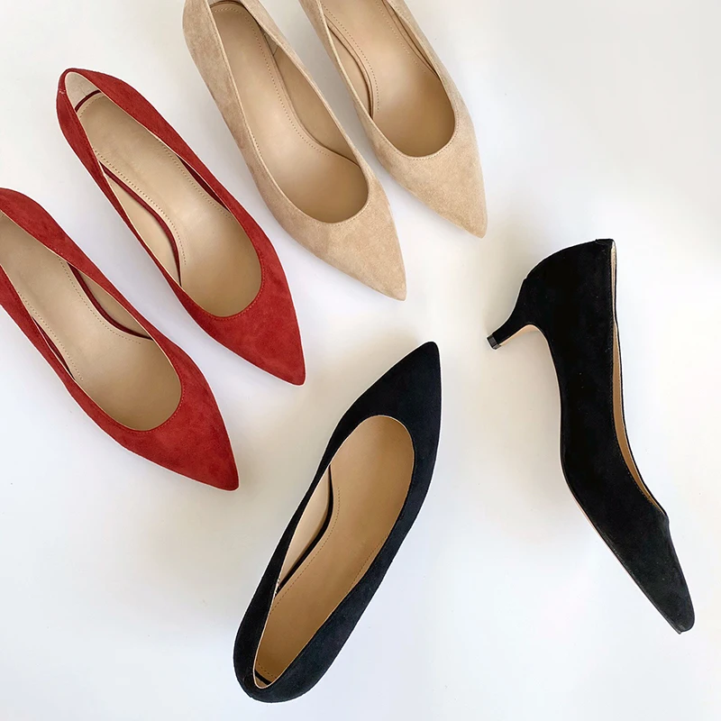 

Donna-in 2022 New Spring Chilli Red 4cm Med Heels For Women Sexy Pointed Toe Daily OL Pumps Luxury Natural Suede Leather Shoes