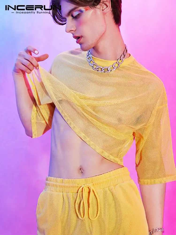 

INCERUN Men Sets Mesh See Through Short Sleeve Crop Tops Shorts 2PCS Solid Breathable Party Streetwear Casual Men Suits S-5XL