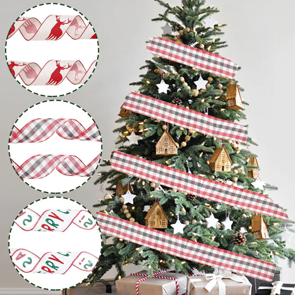 

5cm Christmas Ribbons Fabric Elk Letter Lattice Print With Wired Edge Handmade DIY Christmas Gift Wrapping Ribbon