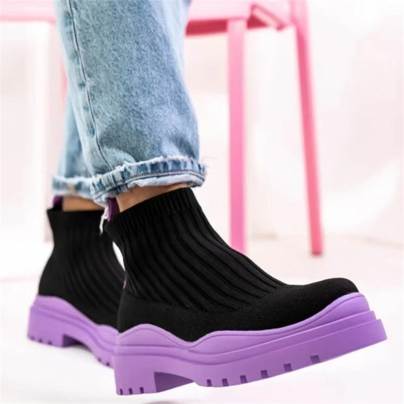 2023 Women Luxury Brand Autumn/winter Round Toe Mid-heel Knitted Elastic Socks Women's Plus Size Casual Boots Wool Short Boots