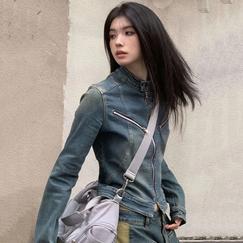 Осень 2024 уличная одежда джинсовые куртки женские Y2k сексуальные ретро стираные