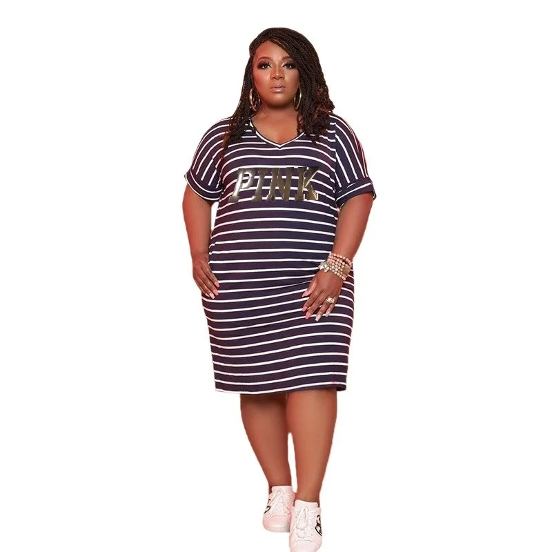 Plus Size Dresses Summer Women Clothing African Short Sleeve Stripe Loose Casual Midi Dress 3xl 4xl 5xl 6xl