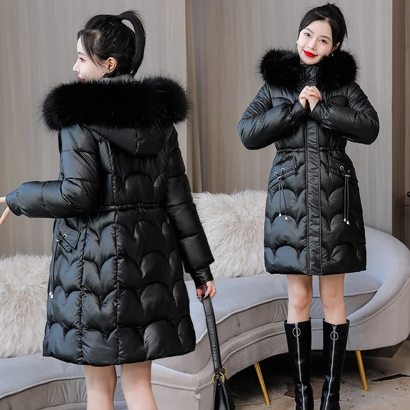 

#3263 Winter Parka Women Fur Collar Long Coat Female Drawstring Waisted Jackets Ladie Outerwear Bright Surface Coat Parka Warm