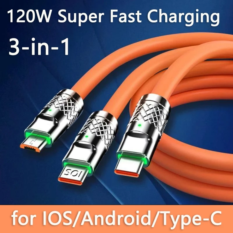 

3 in1 6A 120W Type C Charging Data Cable Micro USB For iPhone Samsung Huawei Xiaomi Phone Liquid Silicone Charger USB Cable