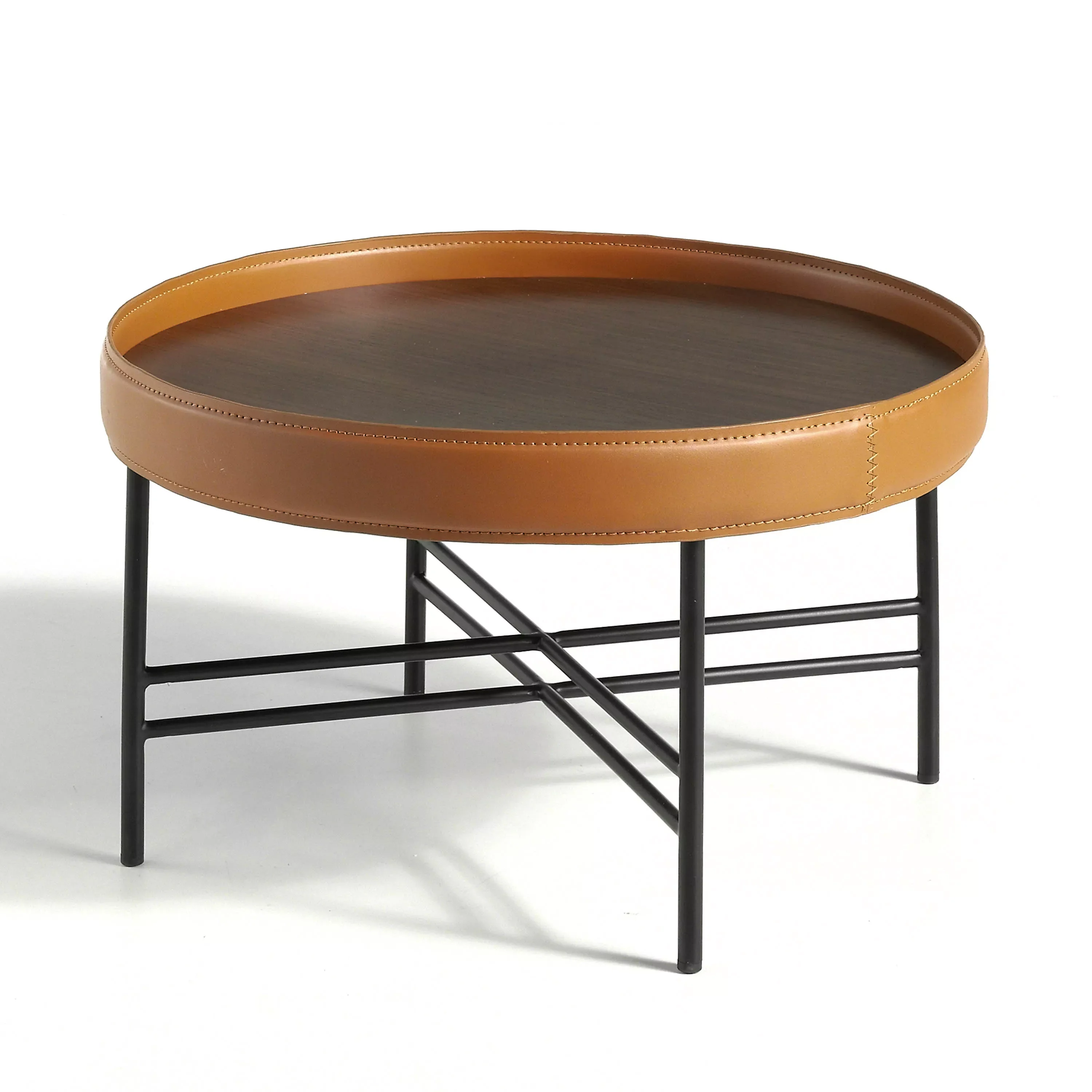 

2058 Angel Cerda coffee table-round coffee table with walnut-plated wooden lid and circular hoop upholstered in cognac-colored r