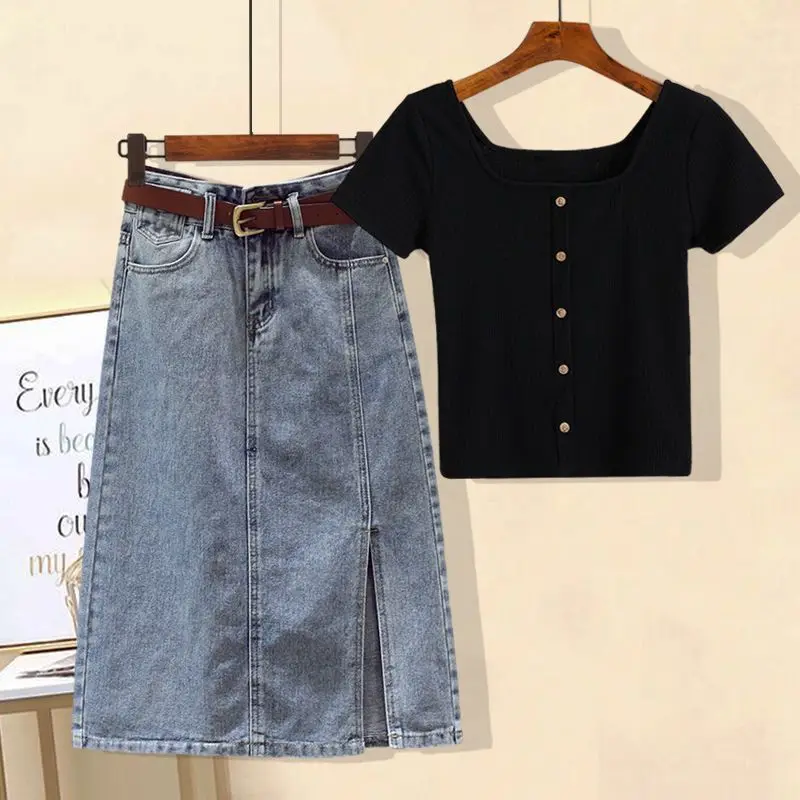 

Skirt women's summer new sets of female short-sleeved tops belly concealing thin denim dresses two-piece