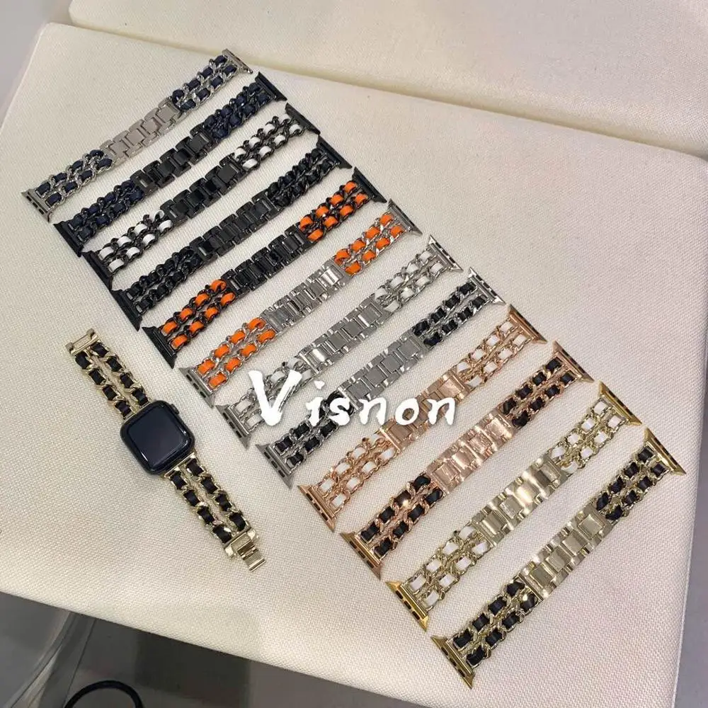 Women Leather Steel Watch Strap Luxury Bands for Apple Watch 8 7 6 SE 5 45mm 41mm Bracelet for IWatch Series 8 7 6 5 4 42mm 44mm