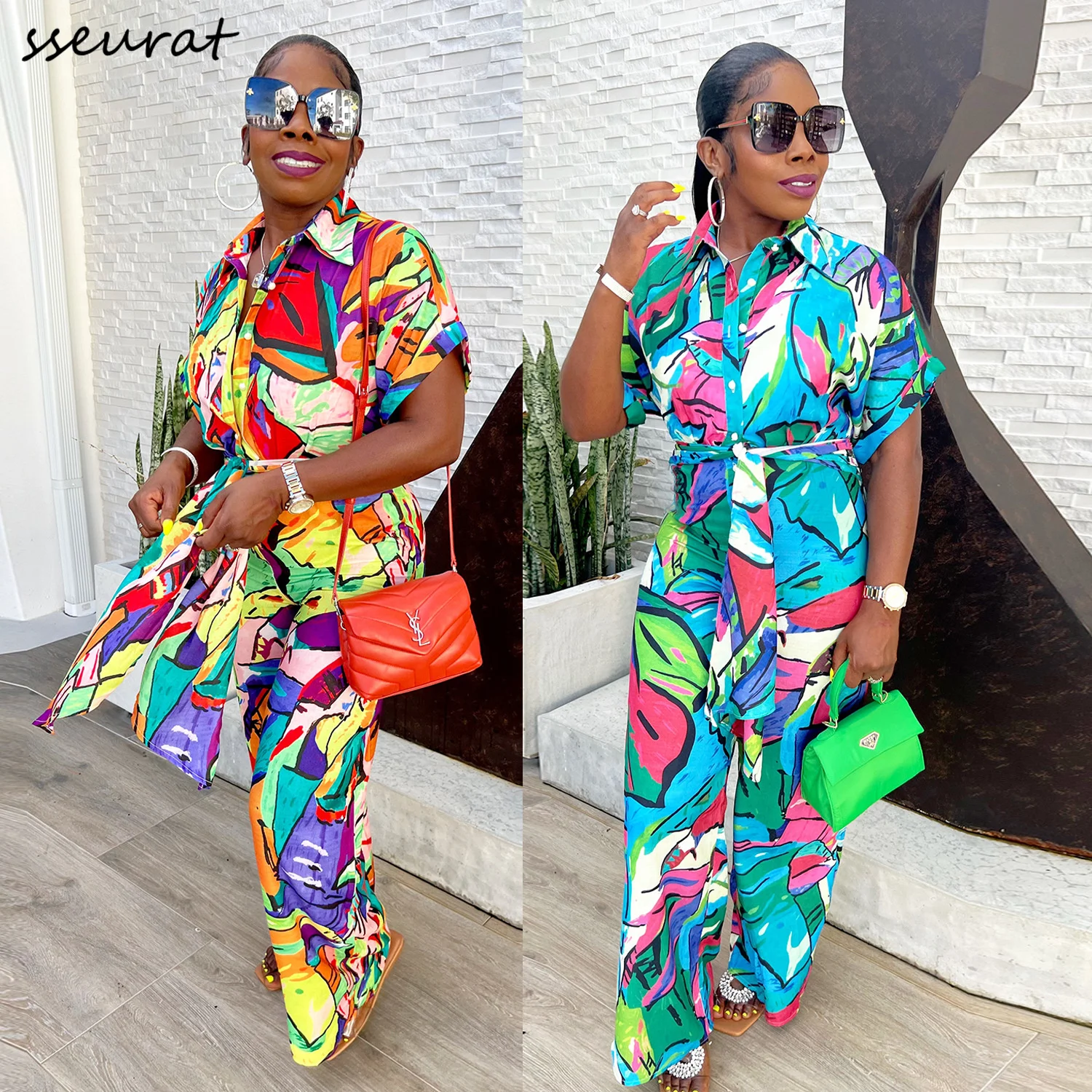 

Fashion Women Jumpsuit Summer Casual Lapel Printed Belt Work Overalls Ladies Button Straight Jumpsuit