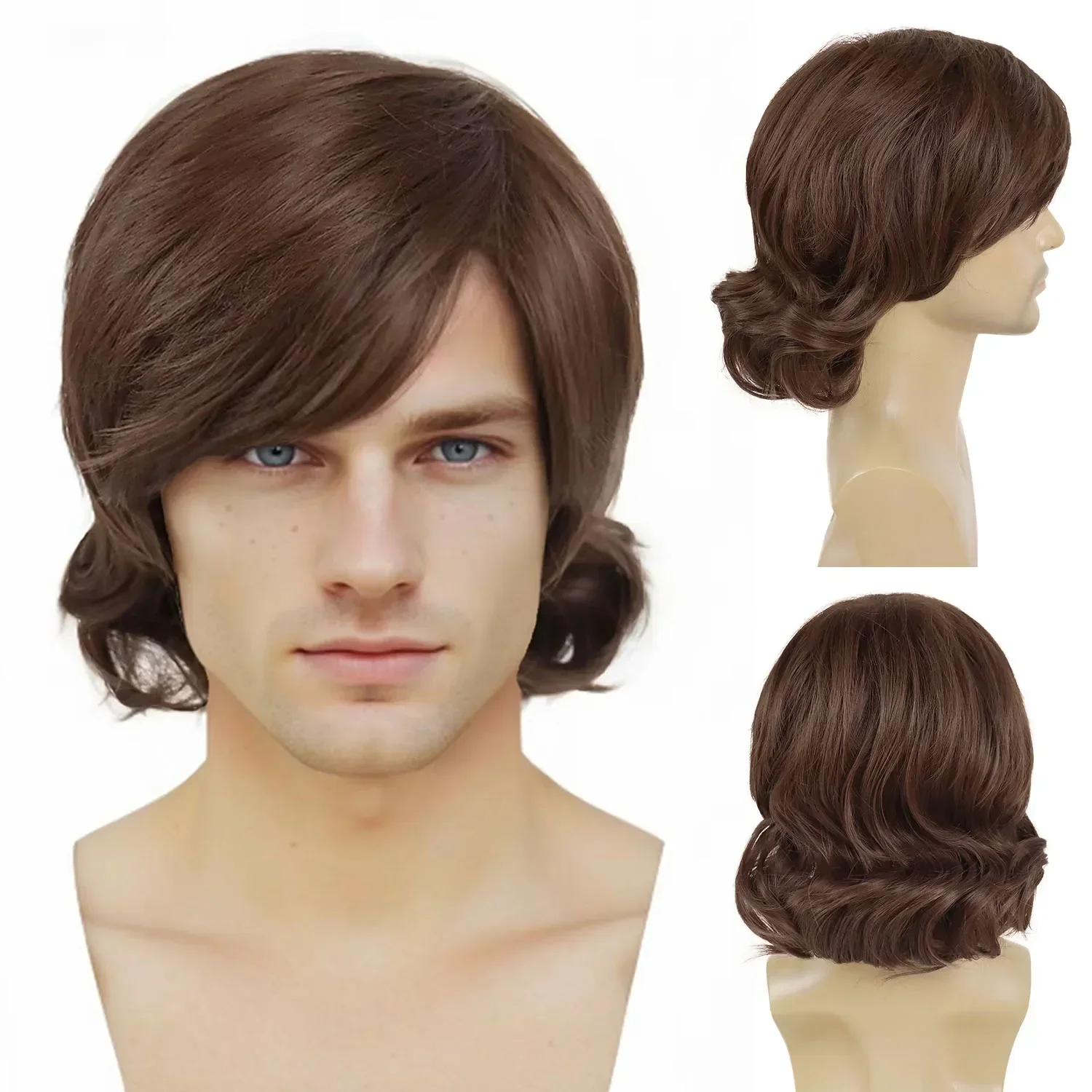 Лохматый парик Мужчины Короткие волнистые вьющиеся коричневые парики Хэллоуин