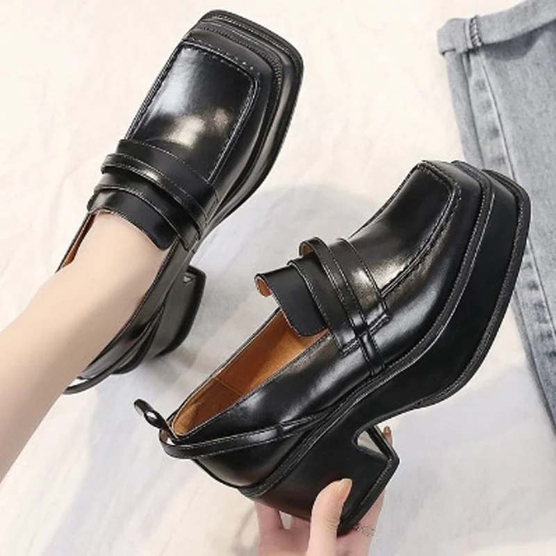 

Women's Mary Janes Shoes Slip On Square Toe PU Leather Female Loafers Shoes Thick Heels Platform Vintage new Ladies Pumps Spring
