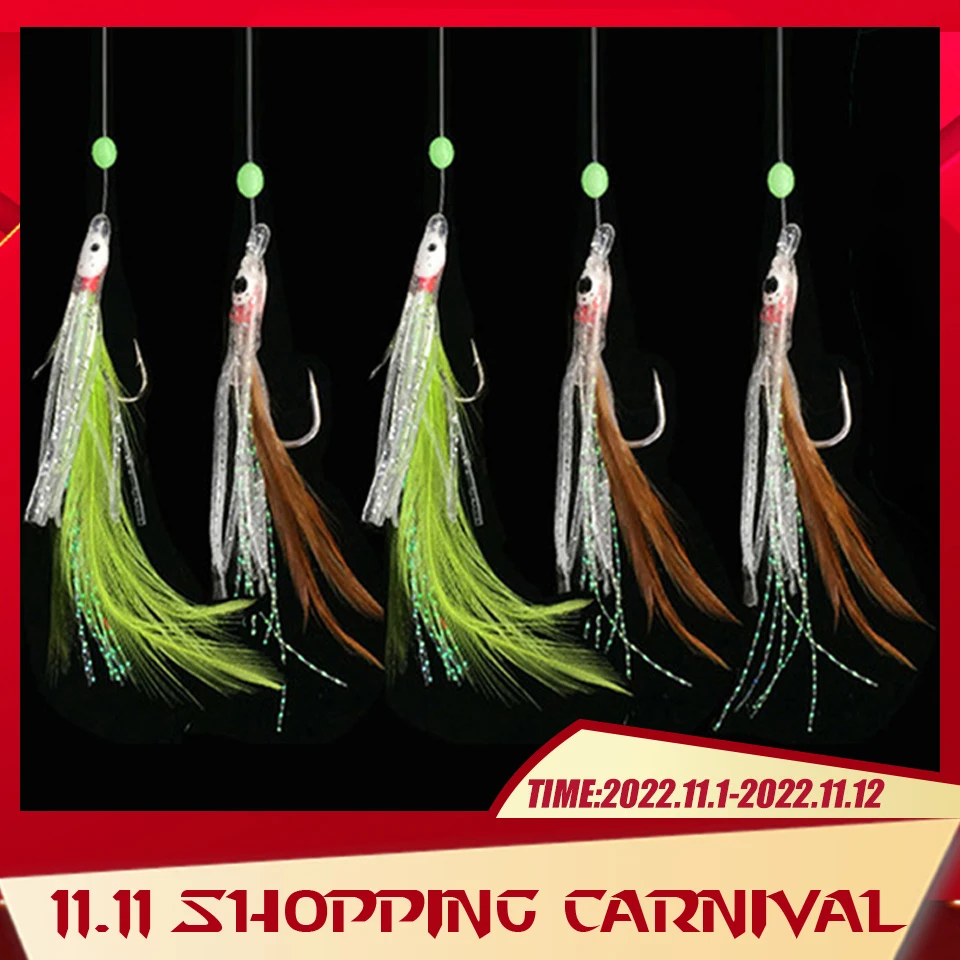 

5PCS/Set Fishhooks For Swivel Fishing Luminous Artificial Silicone Bait False skin Luminous Pesca Combination String Hook