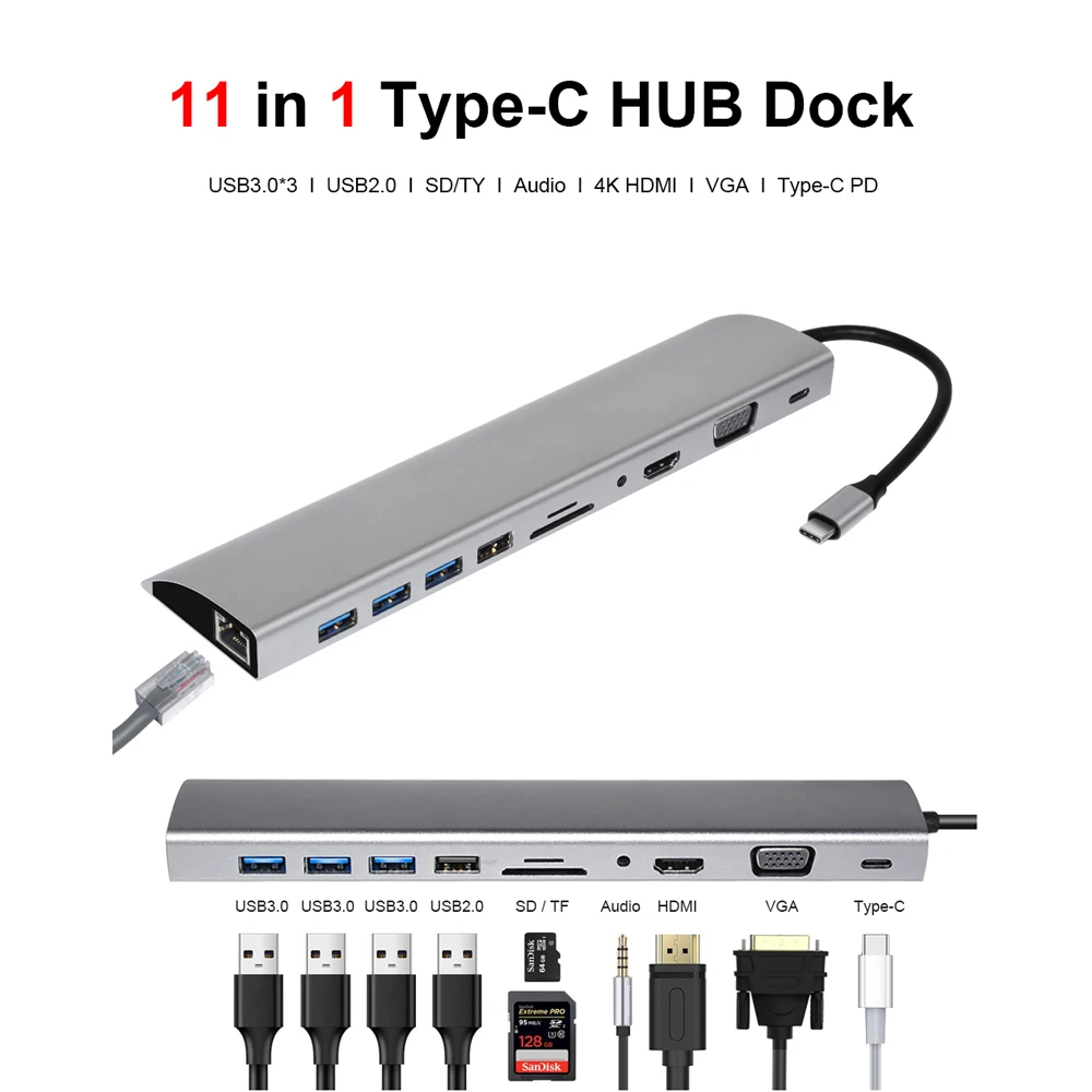 11 в 1 USB C концентратор для MacBook Pro USB-C типа до 4KHD VGA RJ45 SD/TF множественные порты 3.0 Type-C с адаптером питания PD.
