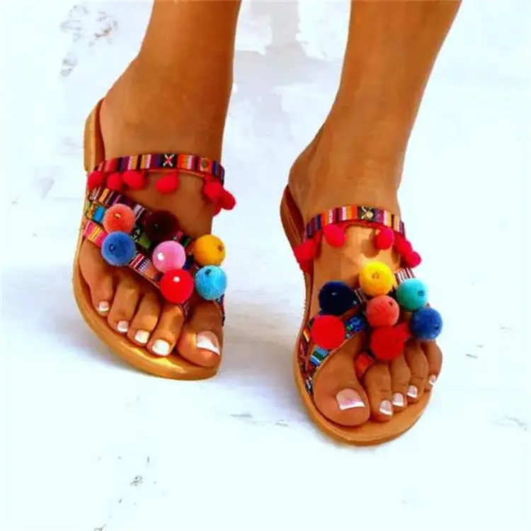 

Bohemian Style Multi-color Pom Pom Flat Sandals Lace-up Fringe Colorful Ball Beach Dress Shoes Flip Flops Tassel Sandal
