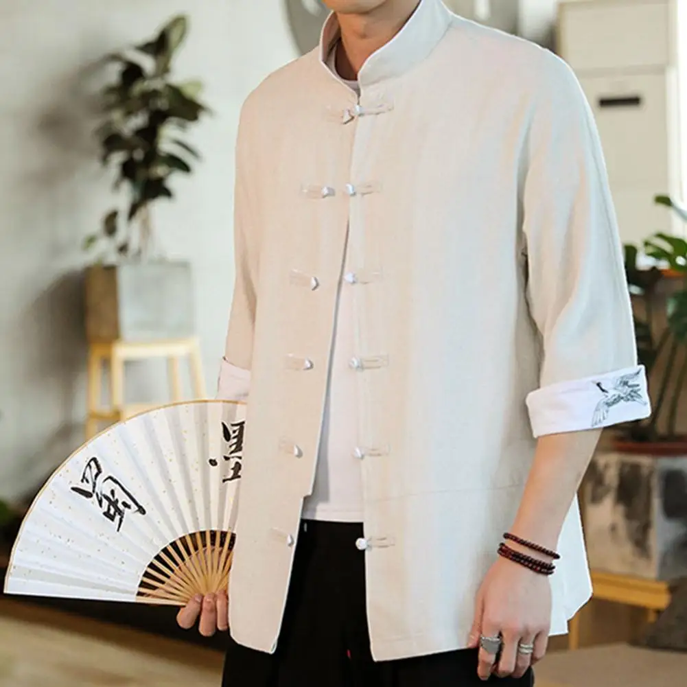 2024 летний топ с вышивкой Журавля Мужские Винтажные льняные рубашки в