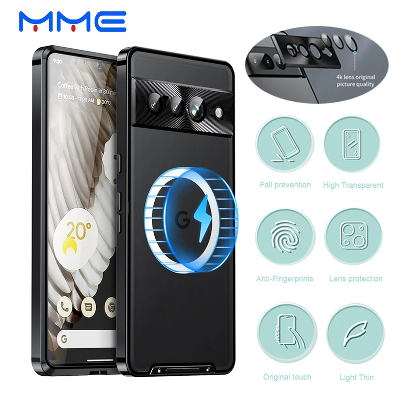 MME Ultrathin Magnetic Metal For Google Pixel7 /7Pro Phone Case Magsafe Wireless Charging Shockproof Cover Telefon Back Glass