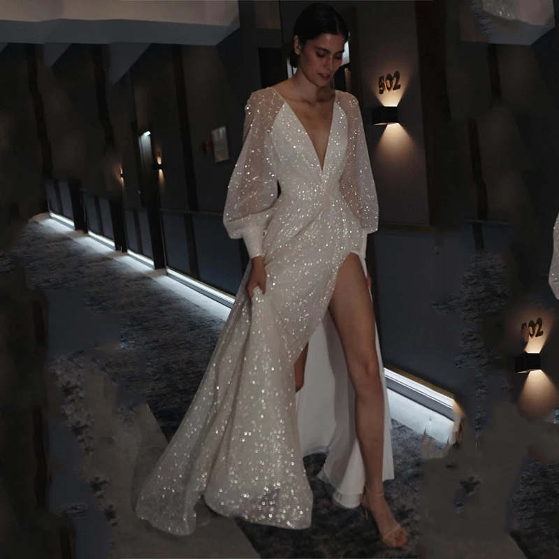 

Женское блестящее вечернее платье, сексуальное платье с пышными рукавами и V-образным вырезом, блестящее платье с разрезом сбоку, мигающее платье невесты