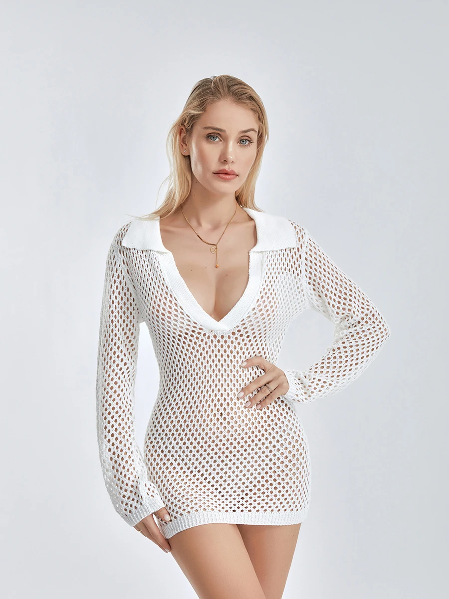 

Women s Lace Crochet Beach Cover Up Dress Long Sleeve V-Neck Bikini Swimsuit Cover Up Hollow Out Bathing Suit