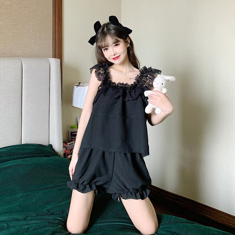 Pajamas Women's Summer New Bubble Cotton Lace Korean Version Sexy Sling Two-piece Set Home Clothes