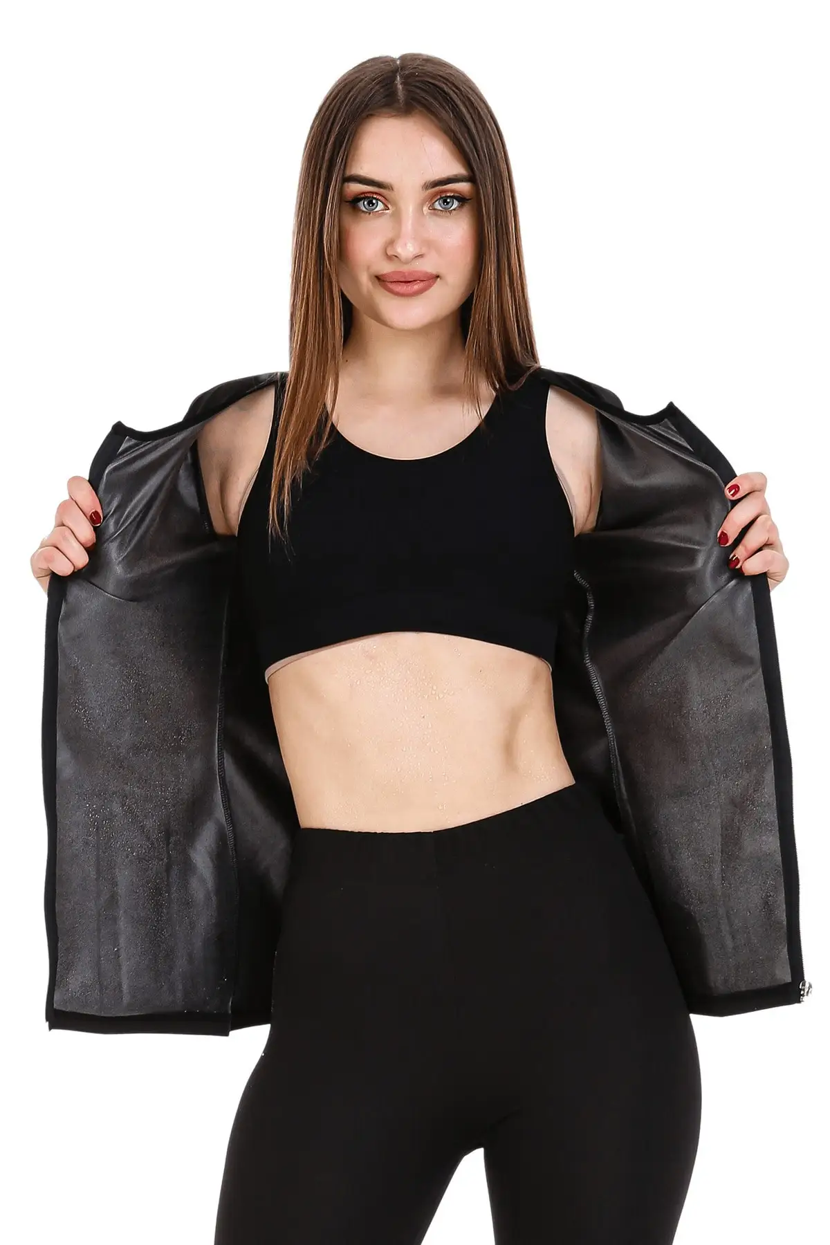 

Women's Bodysuit Black Polymer Half Sleeve Zipper Thermal Rompers Jumpsuits shath Skinny Summer Streetwear