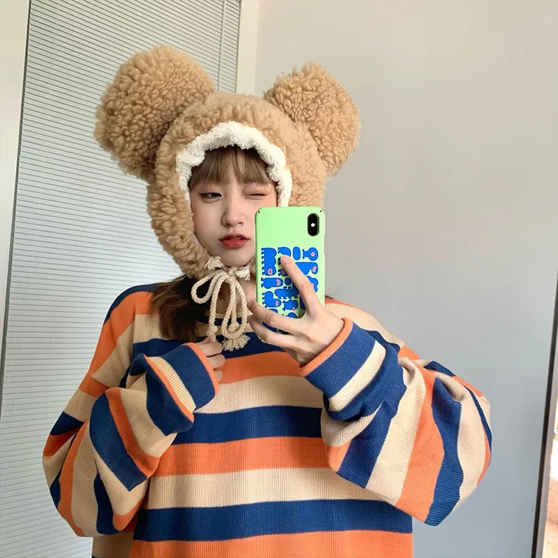 Зимние шапки Harajuku y2k с большими ушками теплая шапка женская толстая тюбетейка в