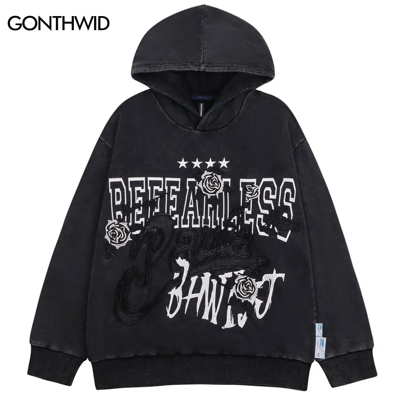 

Vintage Hoodie Sweatshirt Y2K Grunge Hip Hop Embroidery Letter Floral Pullover Hooded Harajuku Fashion Loose Cotton Punk Gothic