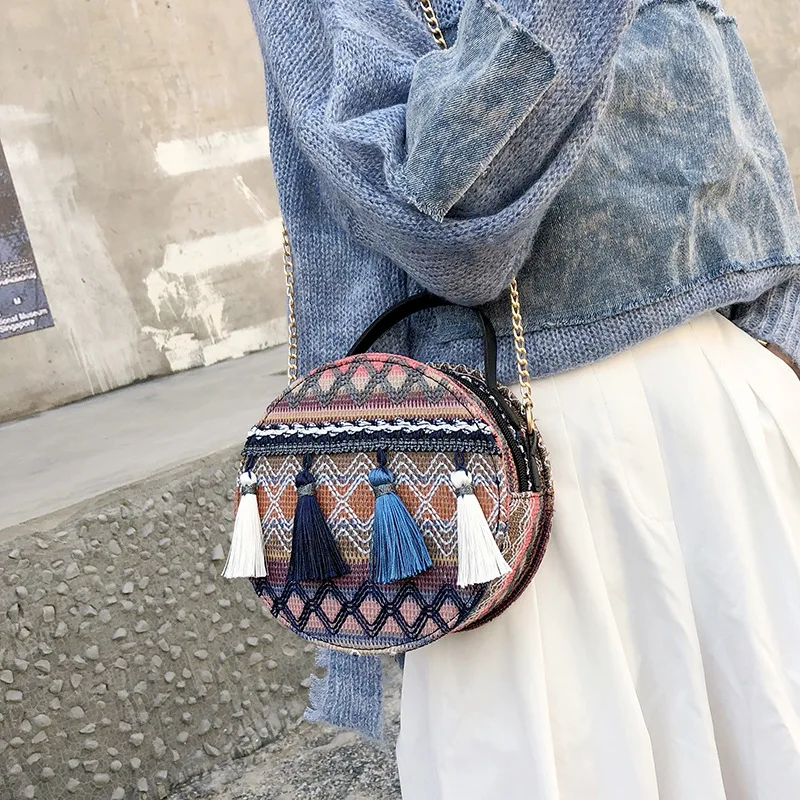 Korean Style Trendy Messenger Bag Bohemia Ethnic Fringe Round Satchel Bag Chain Women Shoulder Travel All-match Storage Handbag