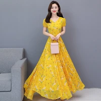 long summer dresses woman 2022 fashion chiffon short sleeve beach vintage boho floral maxi dress yellow elegant party vestido