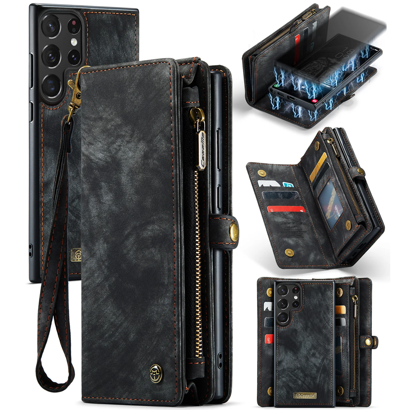 

[2-В-1] для Samsung Galaxy S23 S22 S21 Ультра чехол-кошелек с ремешком на молнии с отделениями для карт съемный магнитный чехол из искусственной кожи