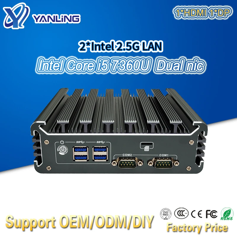 Безвентиляторный мини-ПК Yanling Intel Core i5 7360u Dual 2 5 г Lan Mini PC Linux Iris Plus Graphics 640 TPM2.0