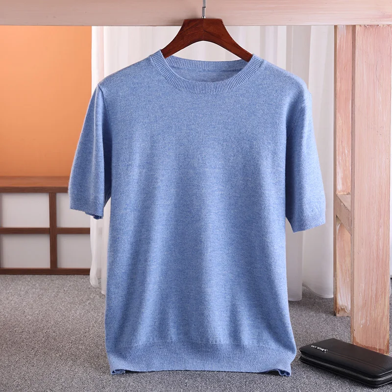 MOONYUEFA Summer Worsted Wool Thin Short-Sleeved O-Neck T-Shirt Men's Sweater Business Pullover Fashion Bottoming Shirt Top
