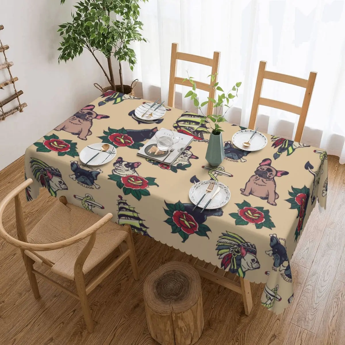 

French Bulldog Tattoo Tablecloth Rectangular Waterproof Animal Frenchie Dog Lover Table Cloth Cover for Kitchen