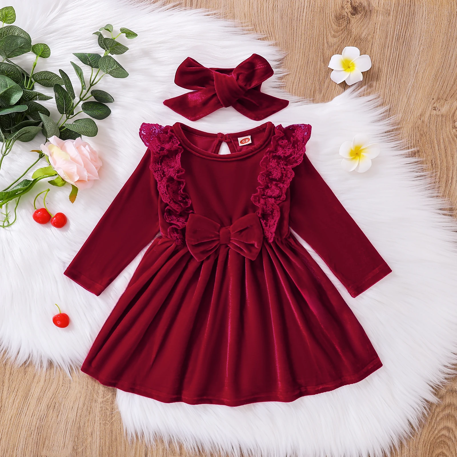 Infant Baby Girls Velvet Dress and Headdress Wine Red Solid Color Long Sleeve BowKnot Fall Clothes