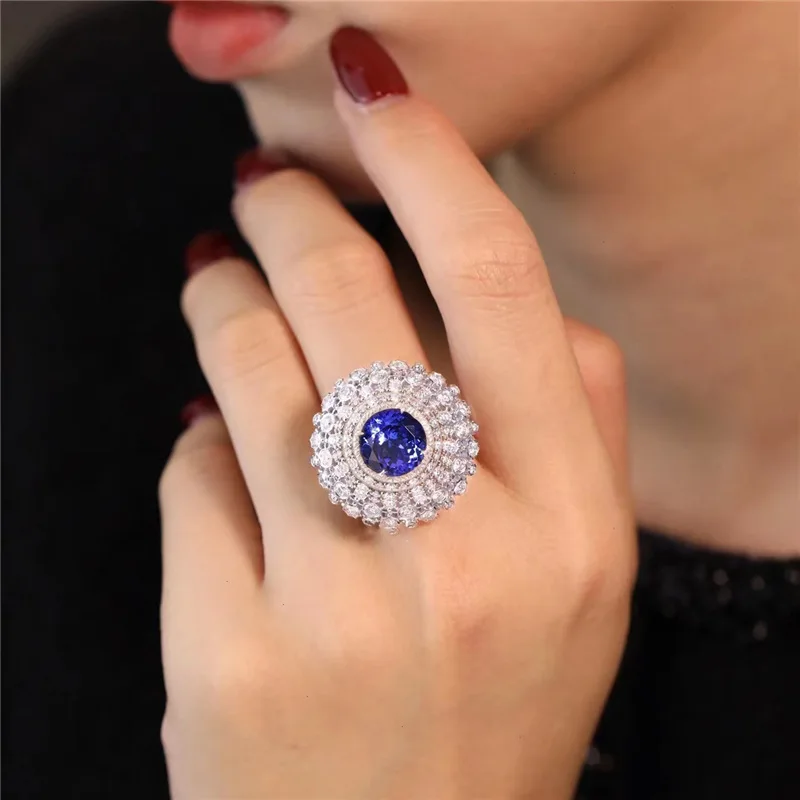 

Oversized Luxury Round AAA Blue White Zircon Rings for Women Men Wedding Engagement Party Jewelry Couples Birthday Gifts