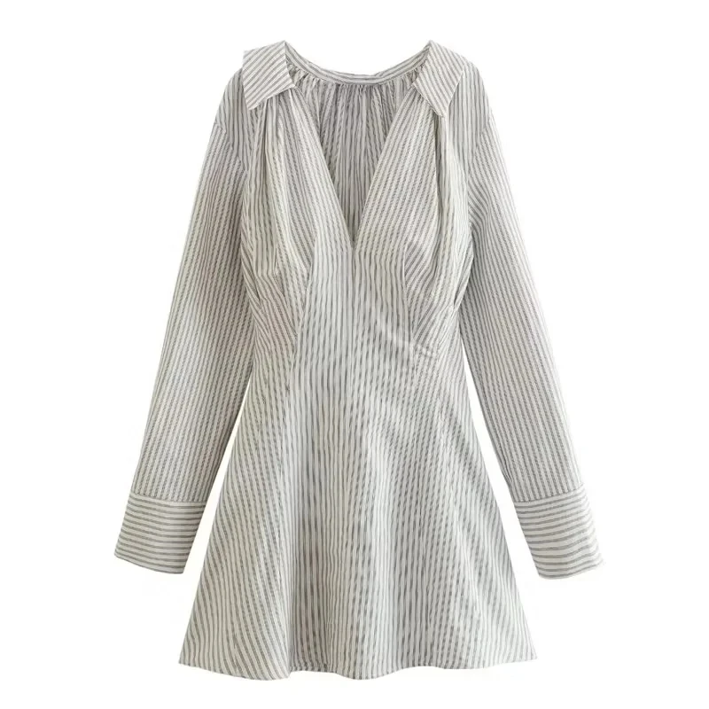 

TRAF V Neck Long Sleeve Striped Short Dress For Women Loose Casual All Match Fashion Vestidos Spring Summer 2023 Slim Waist Robe