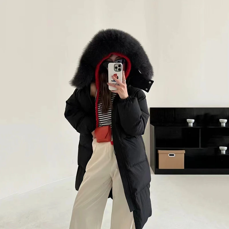 Зимний длинный пуховик женский толстый большой меховой воротник 90 белое пальто