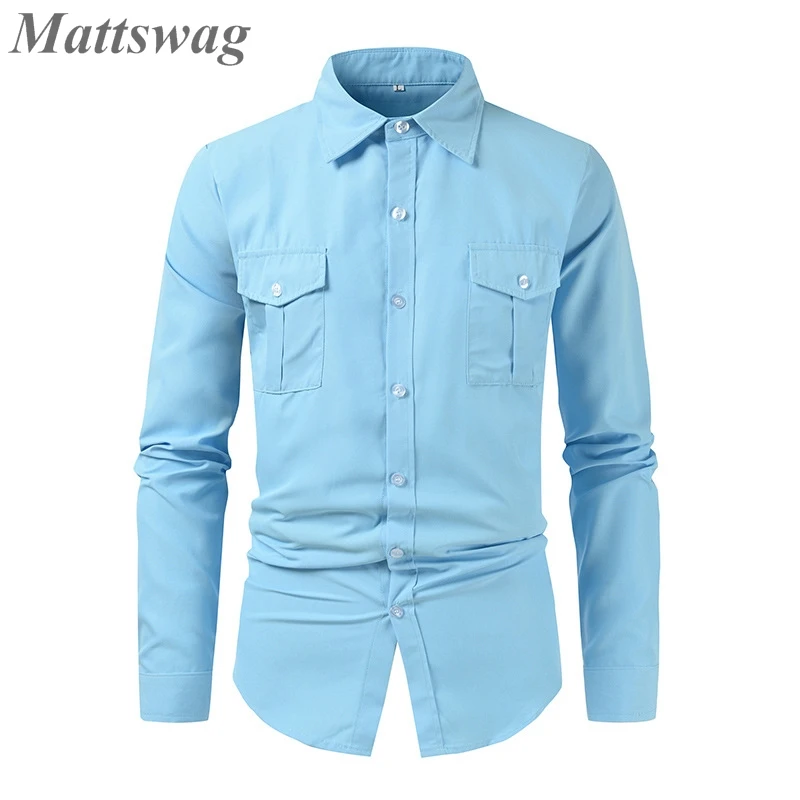 

Regular Fit Sky Blue Two Pockets Shirts For Men Formal Casual Workplace Dress Up Men's Shirt Daily Japanese Style Chemise Hombre